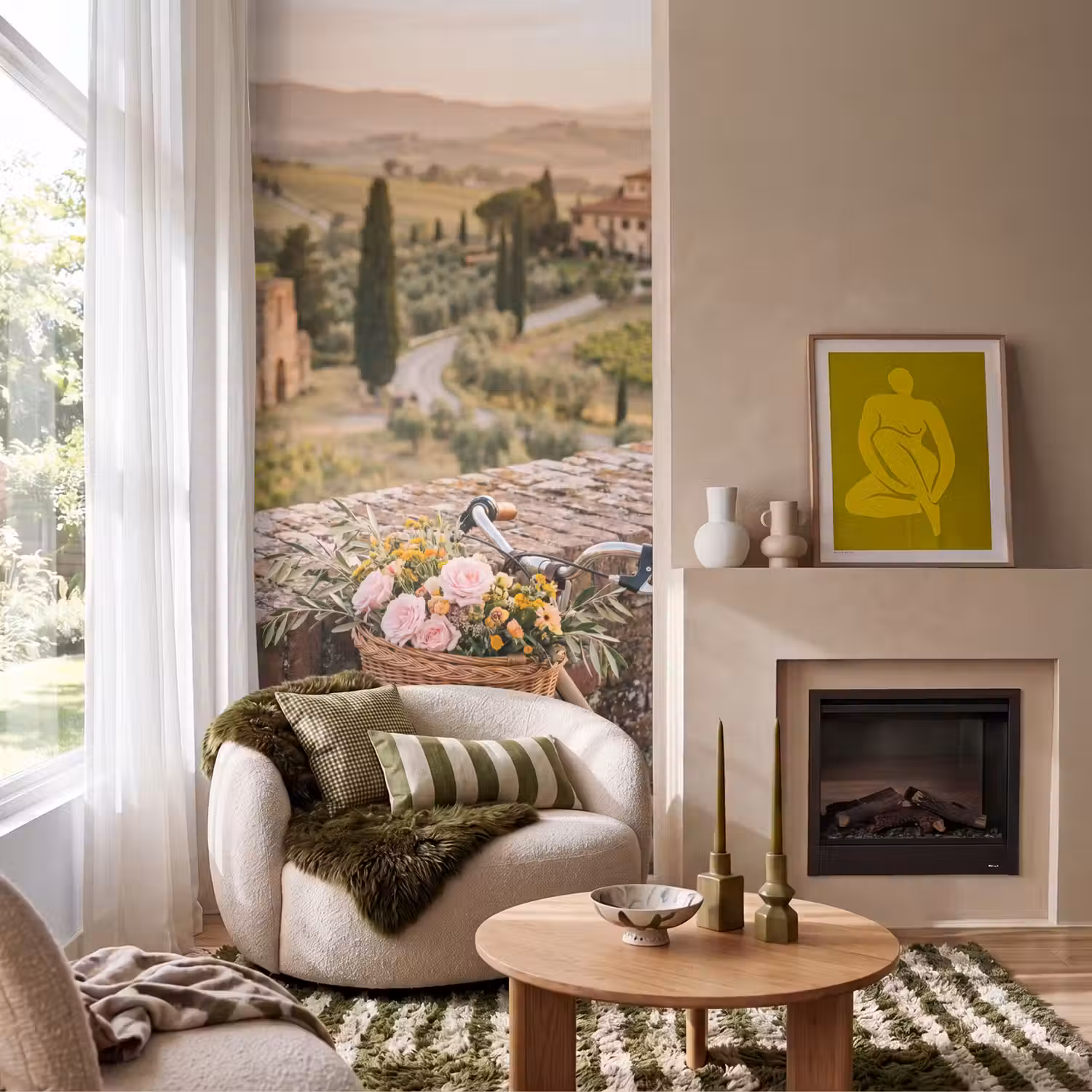 Fiets - Bloemen - Toscane - Landschap - Roze Behang Vlies klein -sfeer2