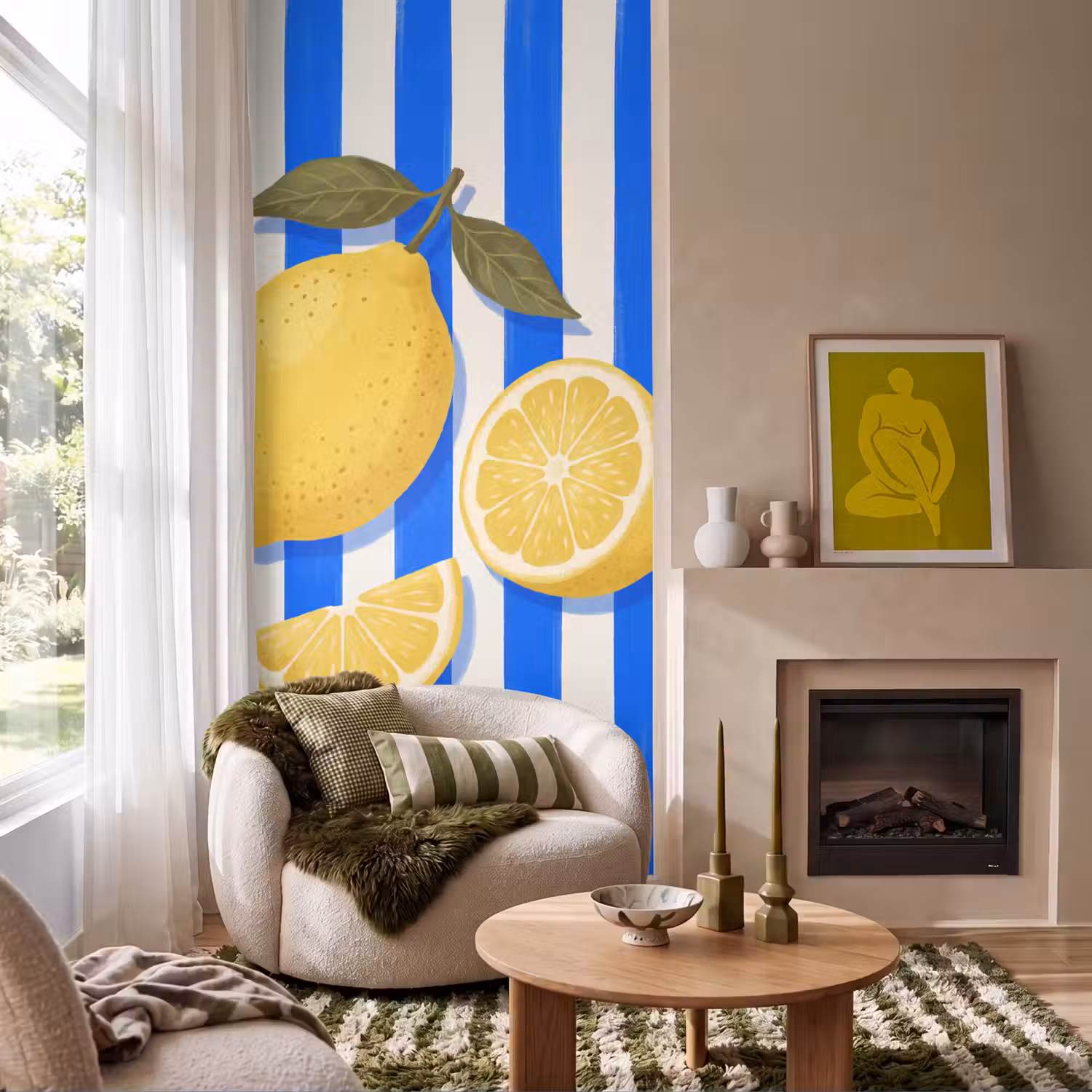 Fruit - Citroen - Zomer - Geel - Blauw Behang Vlies klein -sfeer2