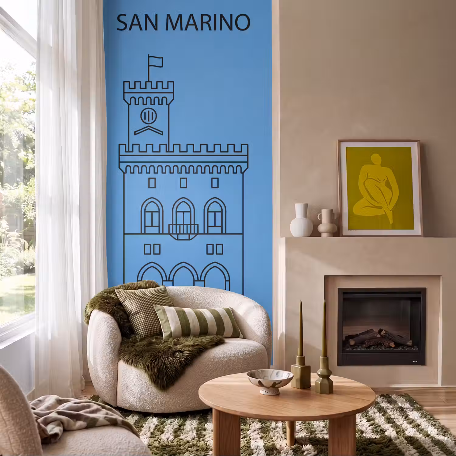 Gebouw - San Marino - Architectuur - Lijntekening - Blauw Behang Vlies klein -sfeer2