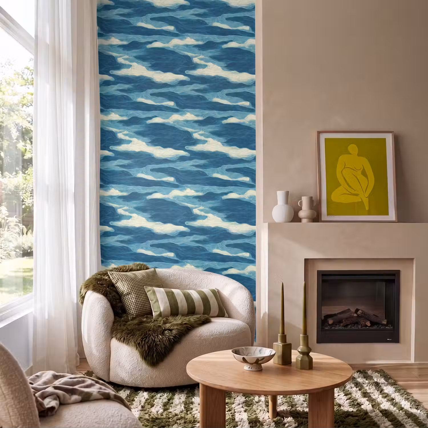 Golven - Abstract - Patroon - Blauw - Wit Behang Vlies klein 1076 -sfeer2