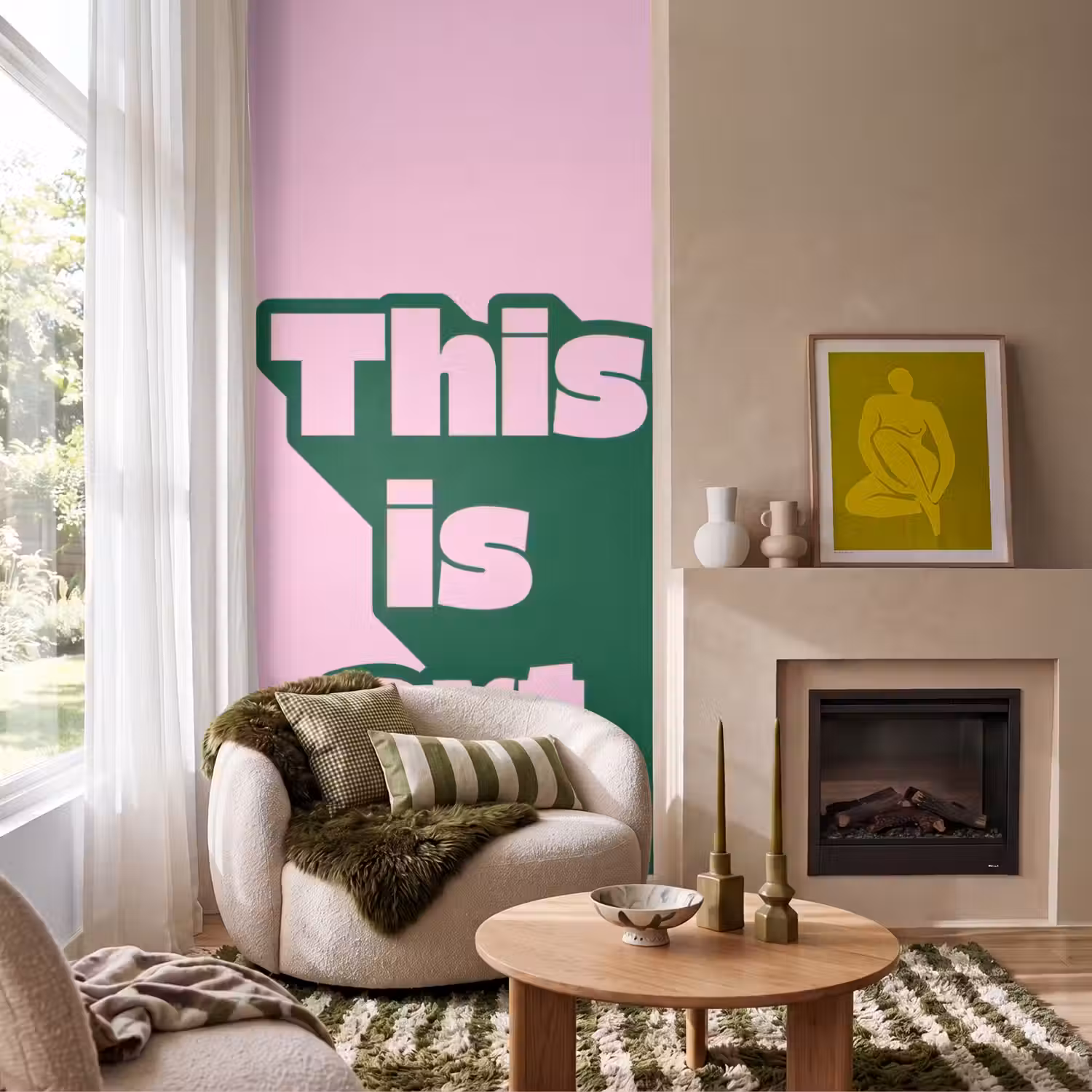 Groen - Tekst - This is art - Roze Behang Vlies klein -sfeer2