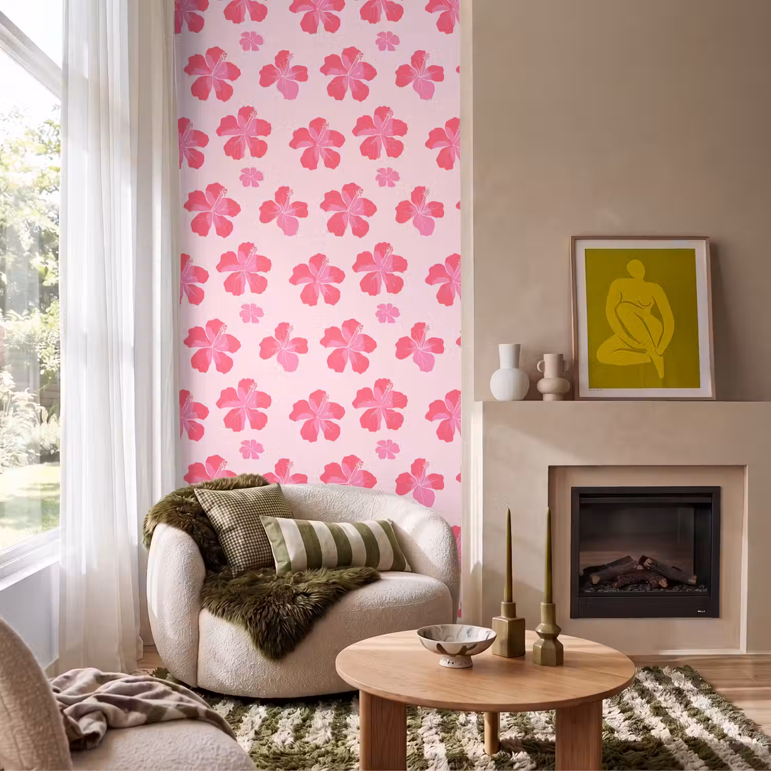 Hibiscus - Bloemen - Roze Behang Vlies klein 1076 -sfeer2