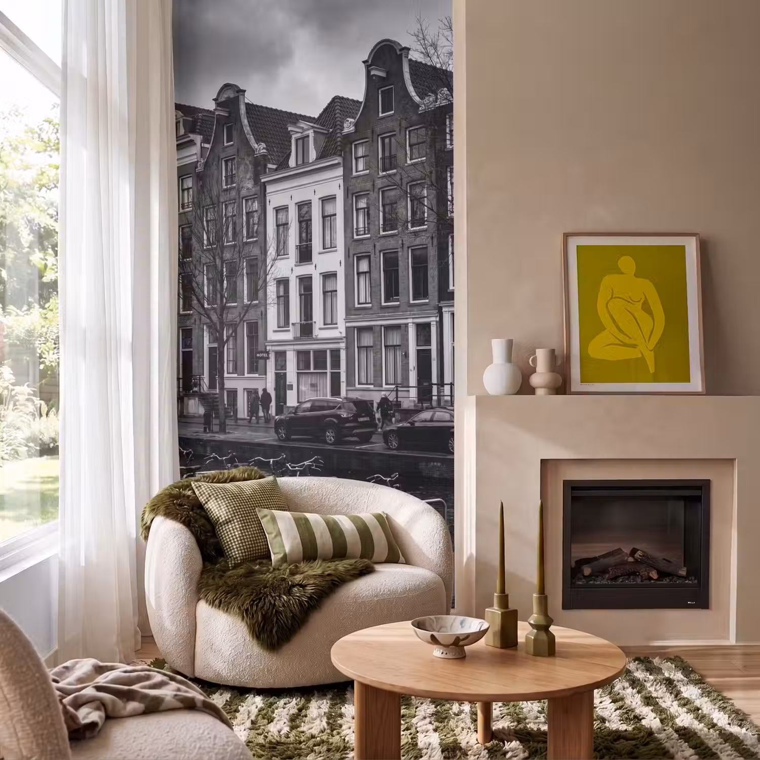 Huis - Gracht - Amsterdam - Architectuur - Zwart-wit Behang Vlies klein -sfeer2