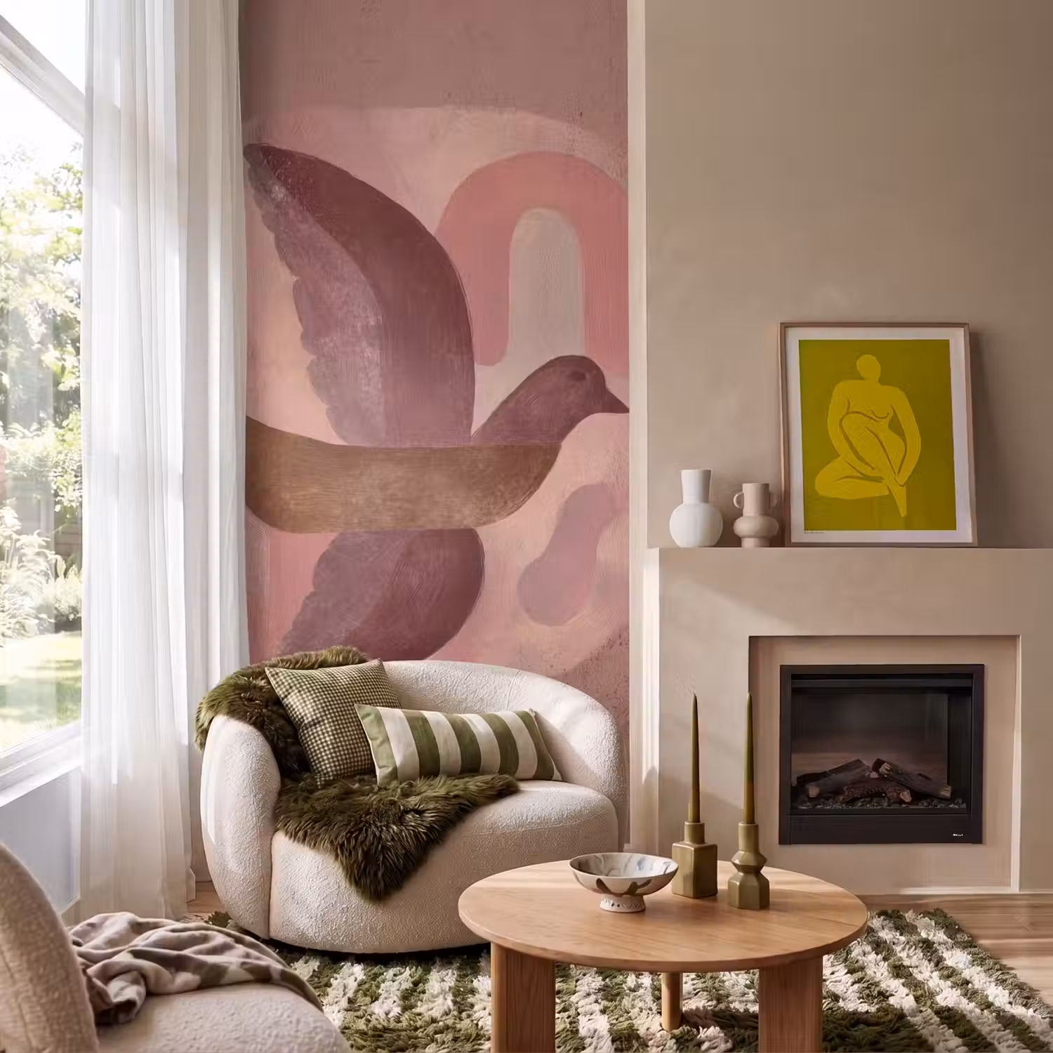 Illustratie - Vogels - Abstract - Roze Behang Vlies klein -sfeer2