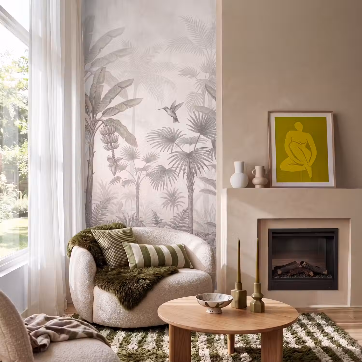 Jungle - Banenboom - Kolibrie - Beige Behang Vlies klein -sfeer2