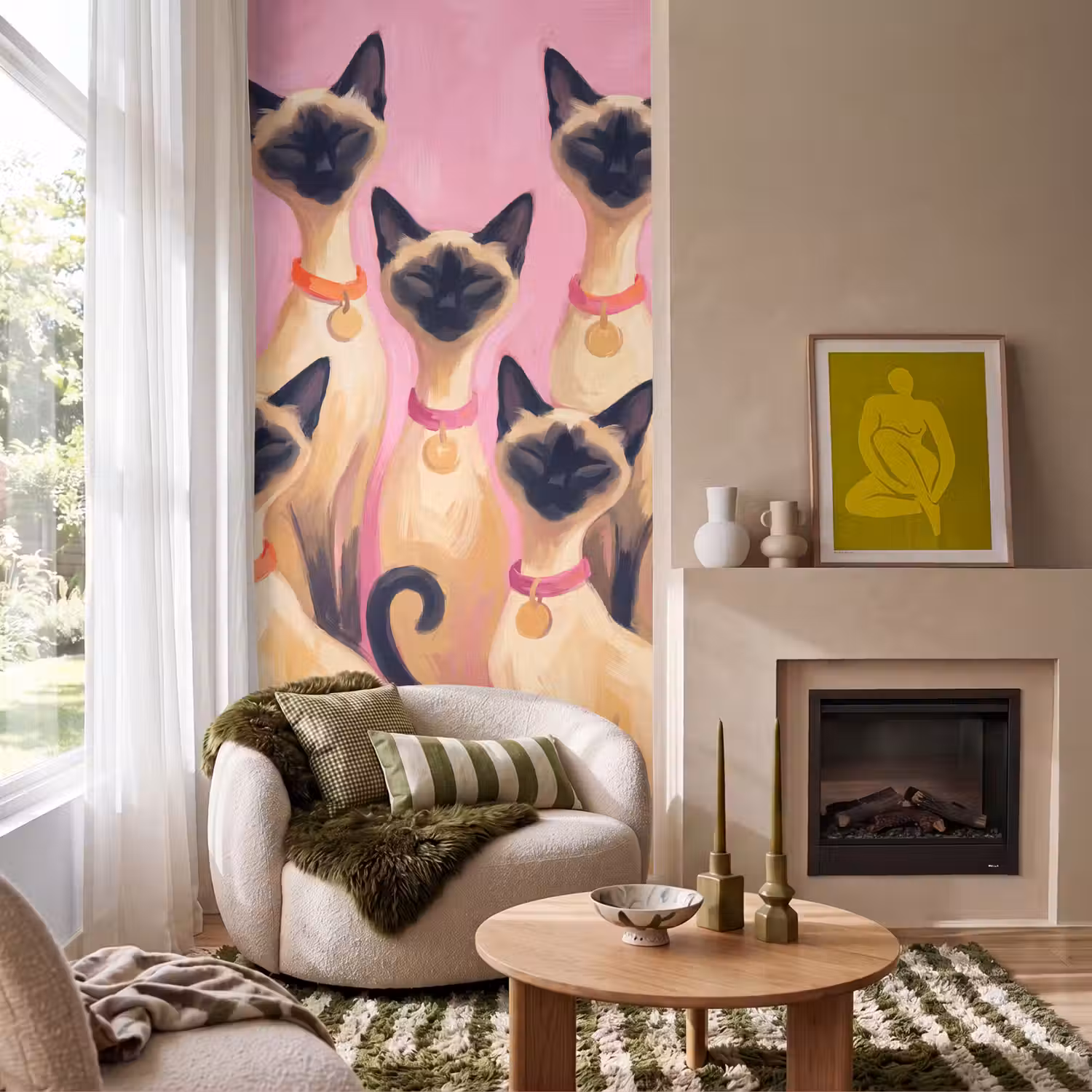 Kat - Groep - Dieren - Modern - Roze Behang Vlies klein -sfeer2