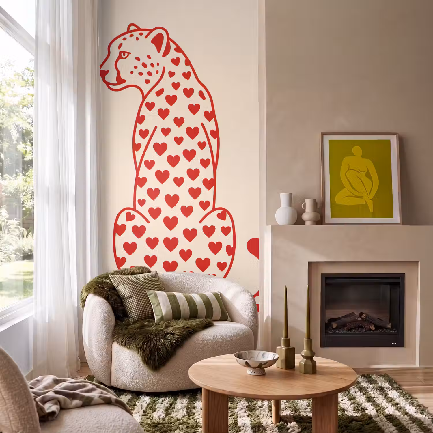 Kat - Harten - Dieren - Modern - Rood Behang Vlies klein -sfeer2