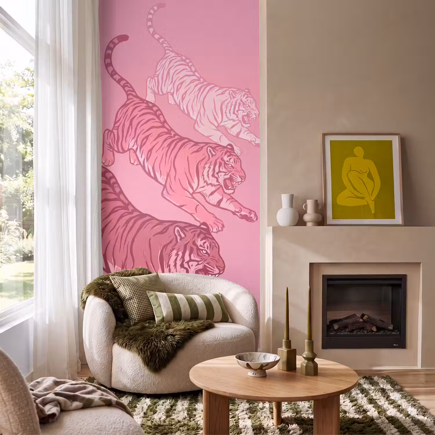 Kat - Springend - Dieren - Roze - Modern Behang Vlies klein -sfeer2