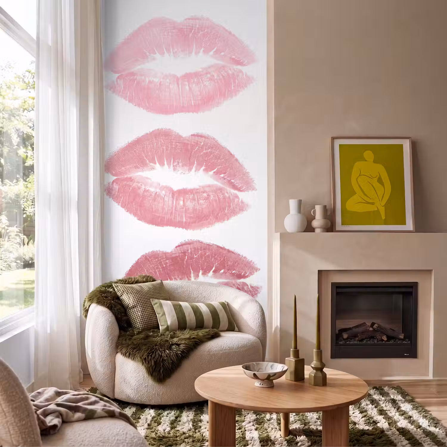 Lippen - Kusafdruk - Roze - Modern - Abstract Behang Vlies klein -sfeer2