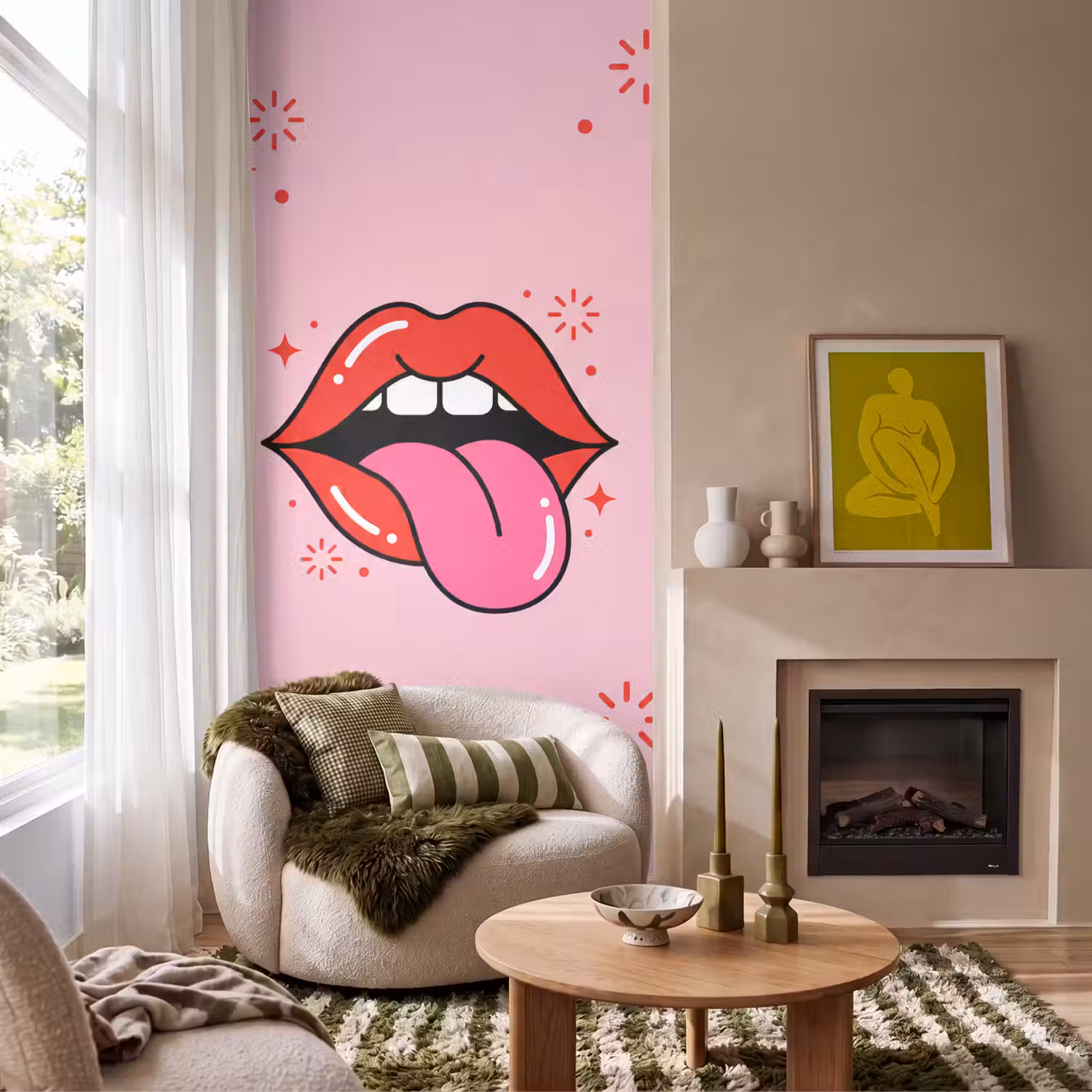 Lippen - Tong - Pop-art - Kleurrijk - Roze Behang Vlies klein -sfeer2