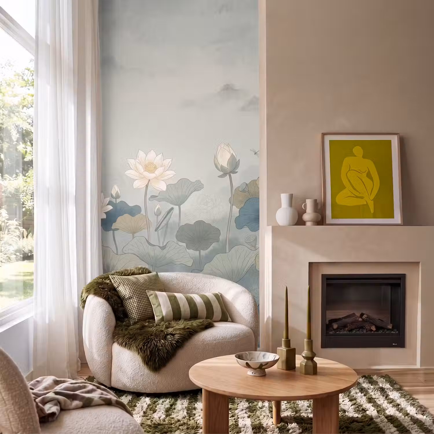 Lotus - Bloemen - Groen Behang Vlies klein -sfeer2