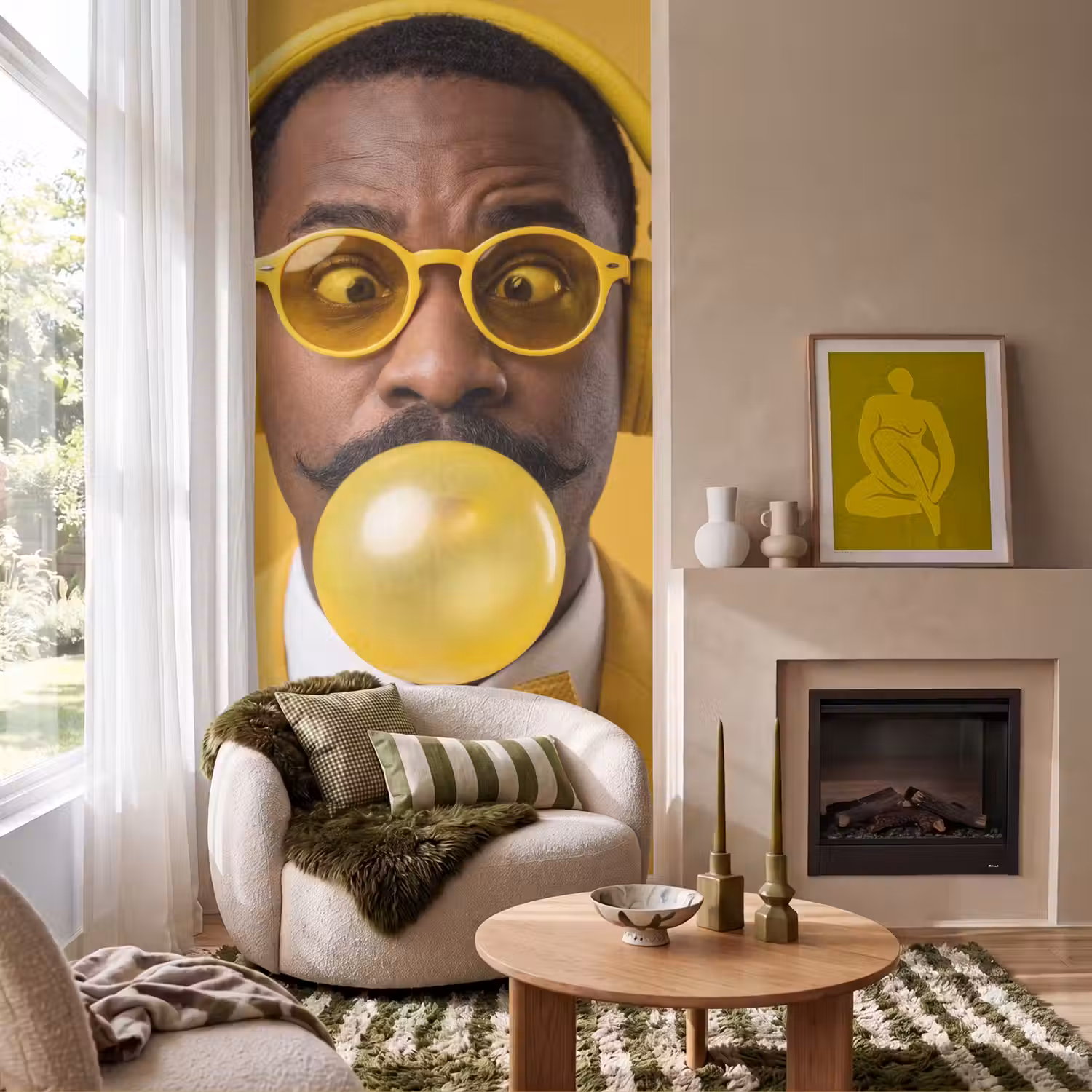 Man - Bubblegum - Portret - Geel - Modern Behang Vlies klein -sfeer2