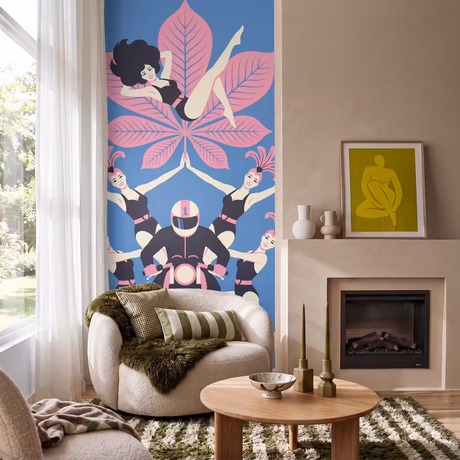 Mensen - Dans - Motor - Retro - Roze Behang Vlies klein -sfeer2