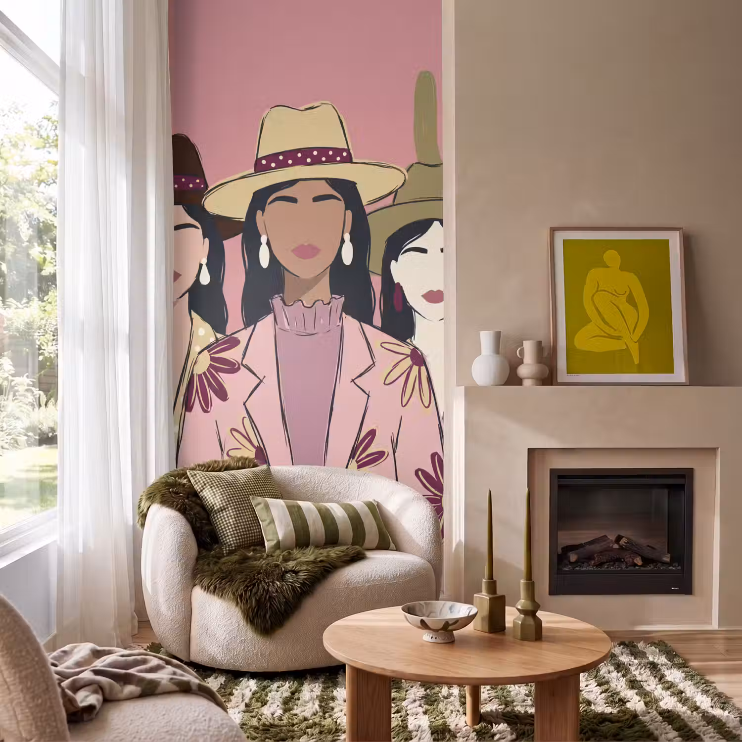 Mensen - Hoeden - Abstract - Roze - Portret Behang Vlies klein -sfeer2