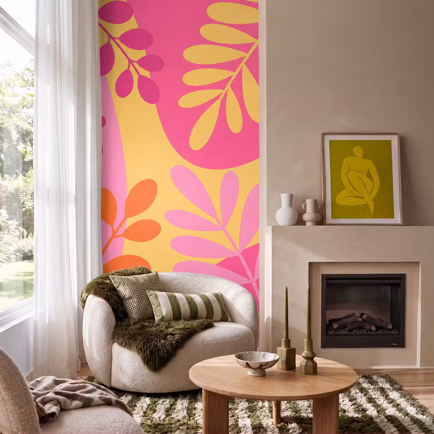 Natuur - Bladeren - Abstract - Roze - Geel Behang Vlies klein -sfeer2