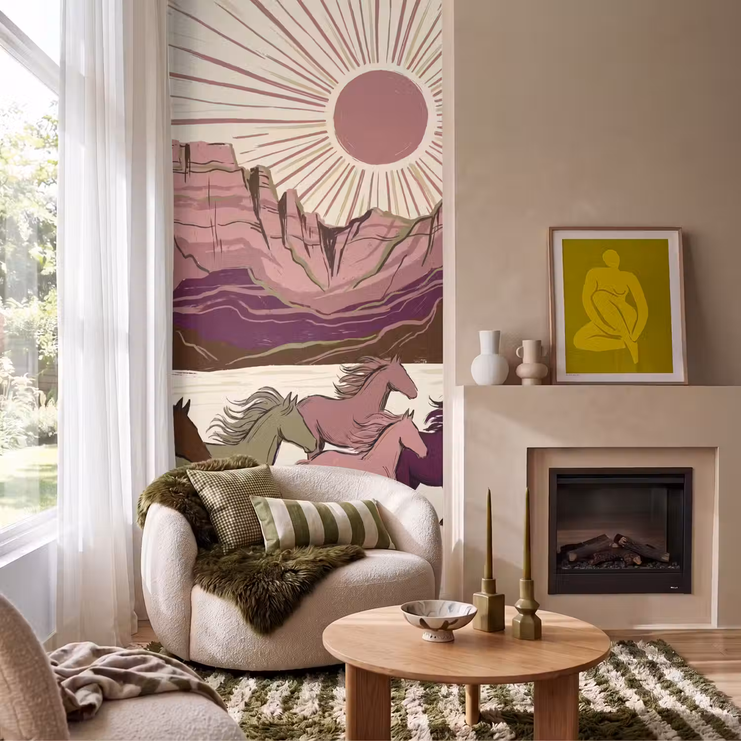 Paarden - Rennend - Woestijn - Natuur - Abstract Behang Vlies klein -sfeer2