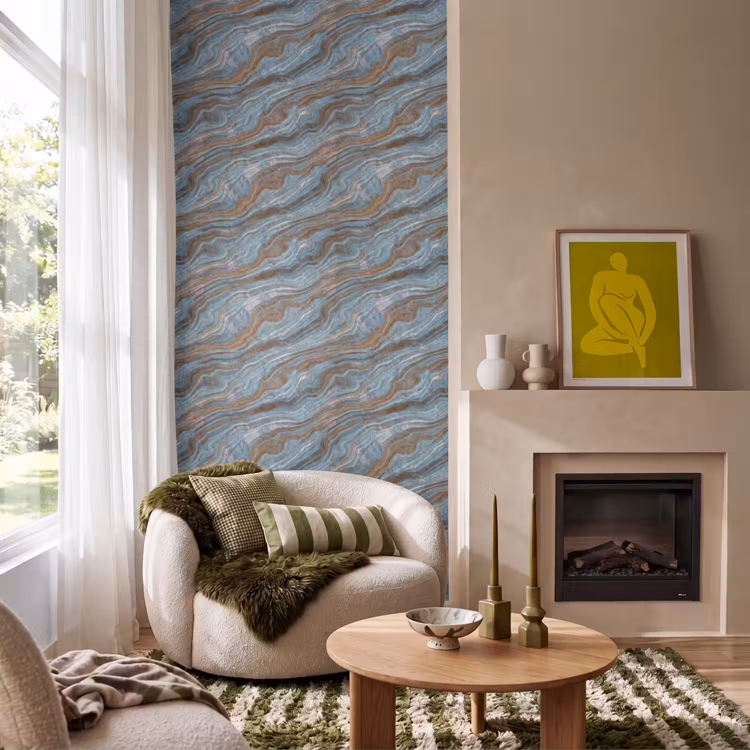 Patroon - Steen - Blauw Behang Vlies klein 1076 -sfeer2