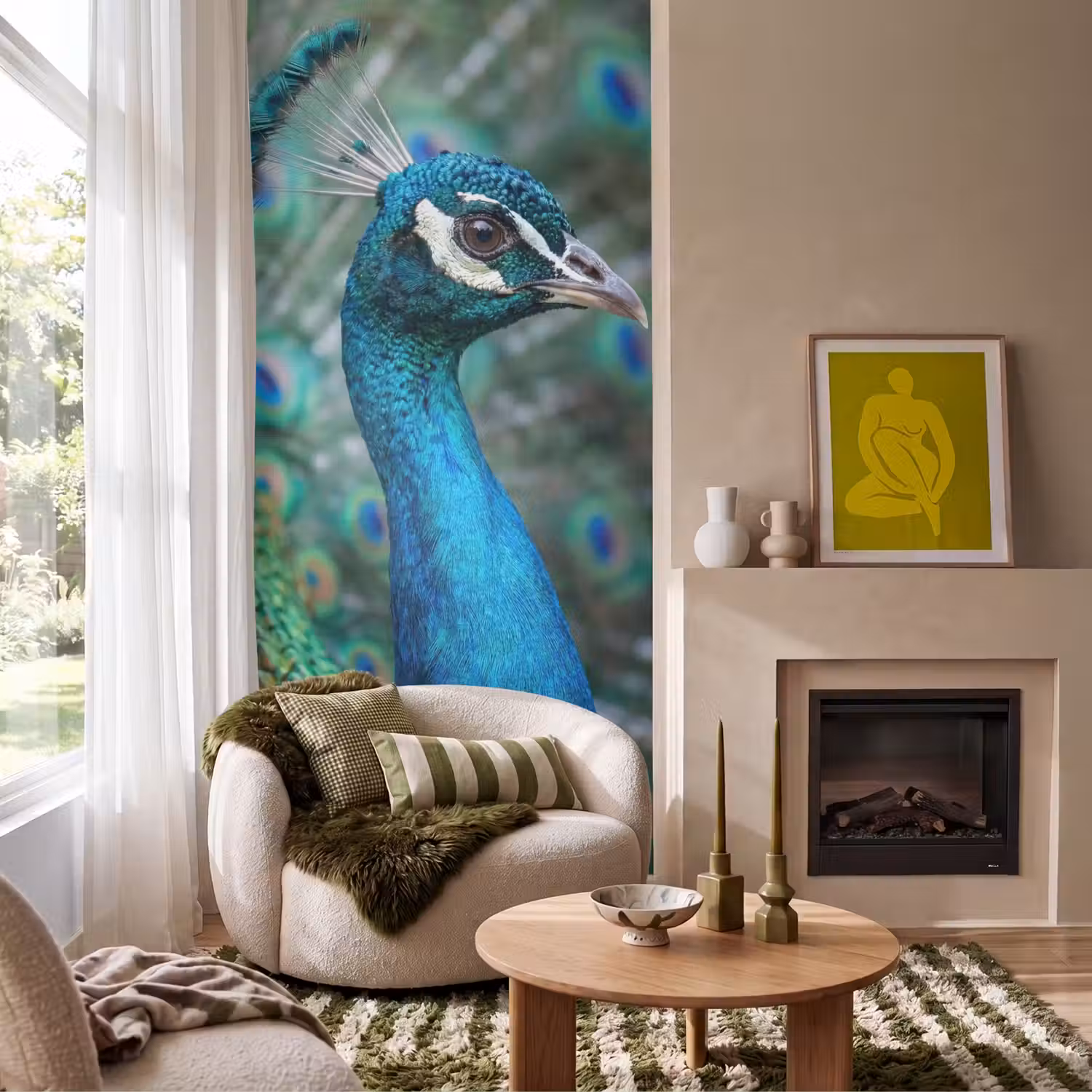 Pauw - Veren - Blauw Behang Vlies klein -sfeer2