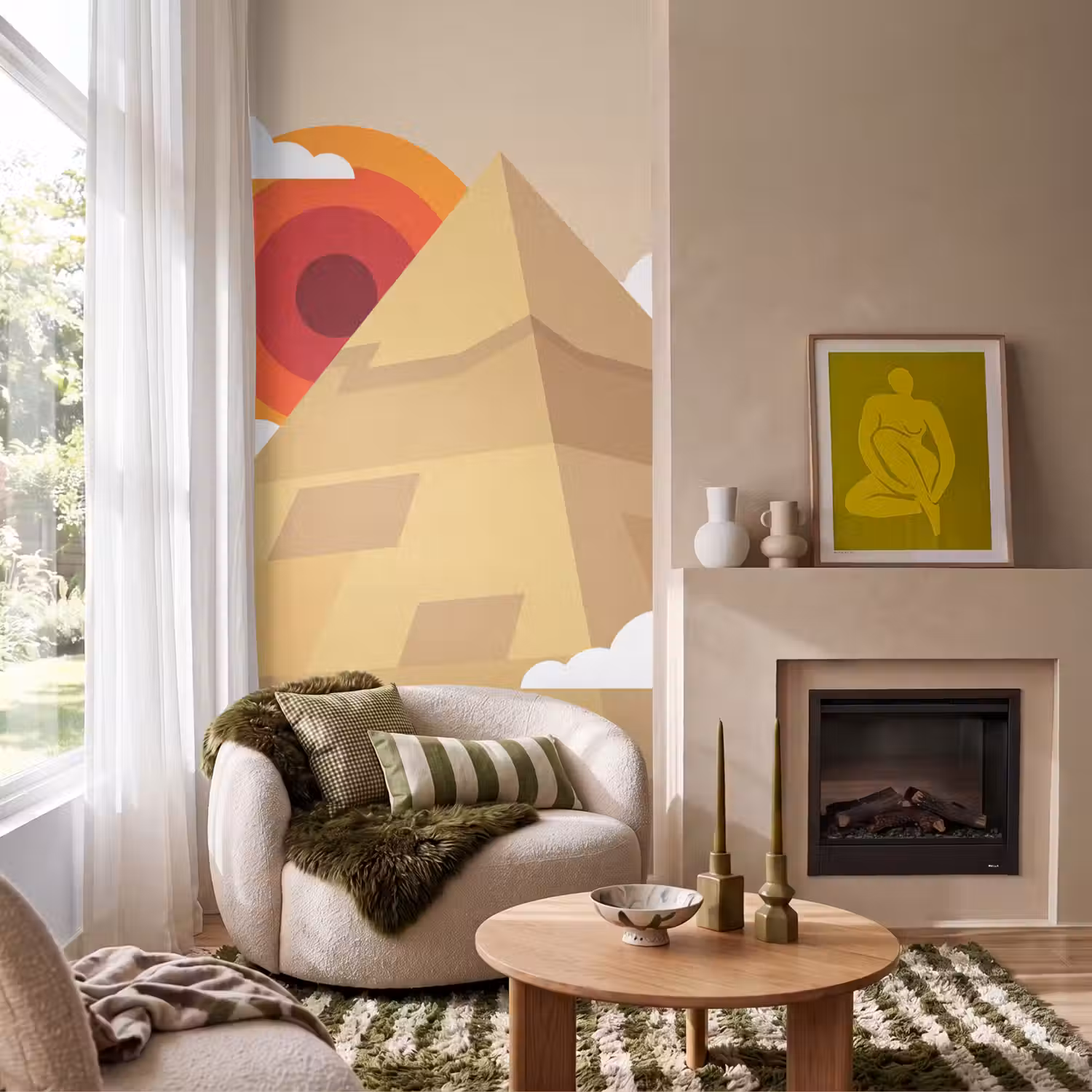 Piramide - Zon - Woestijn - Modern - Oranje Behang Vlies klein -sfeer2