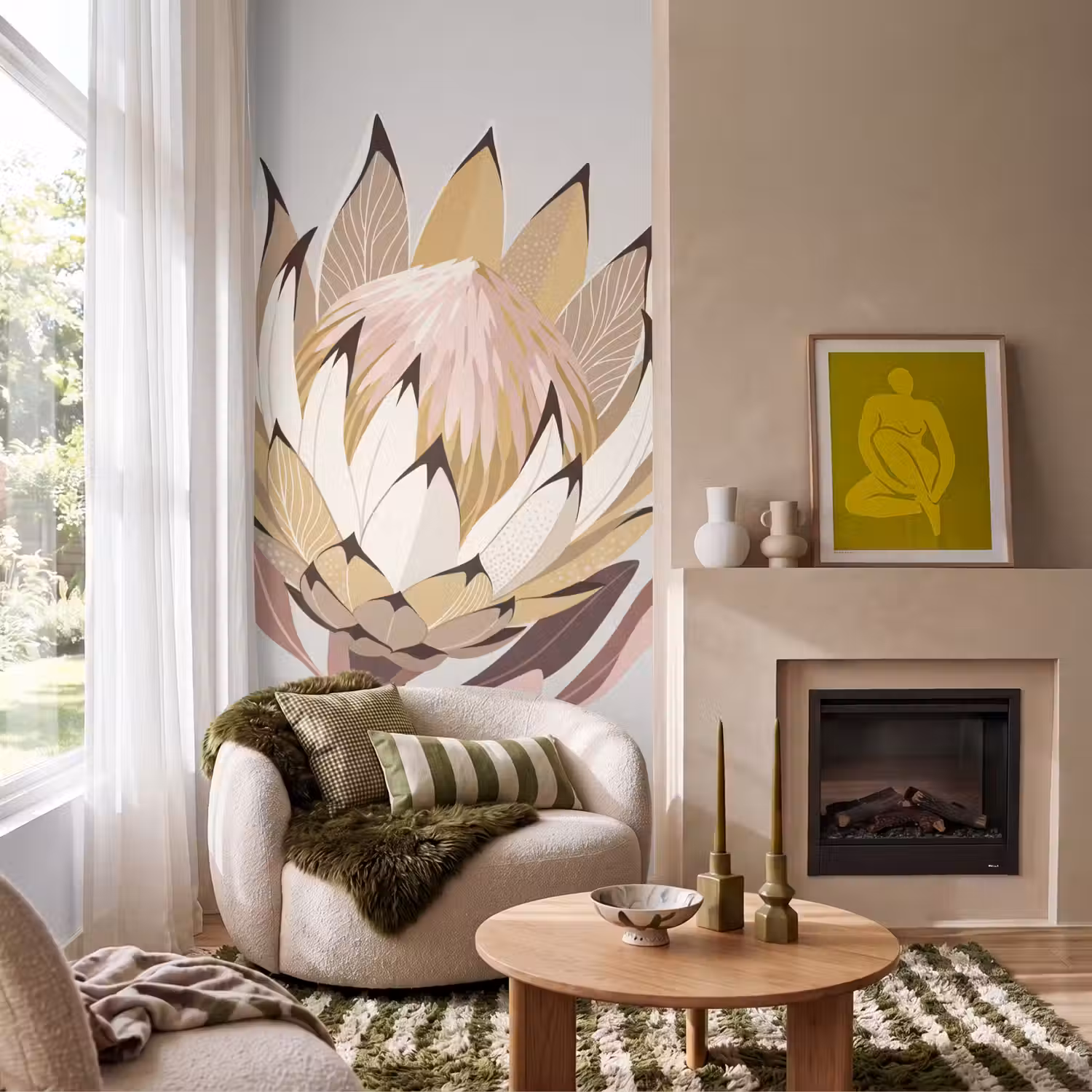 Protea - Bloem - Botanisch - Beige Behang Vlies klein -sfeer2