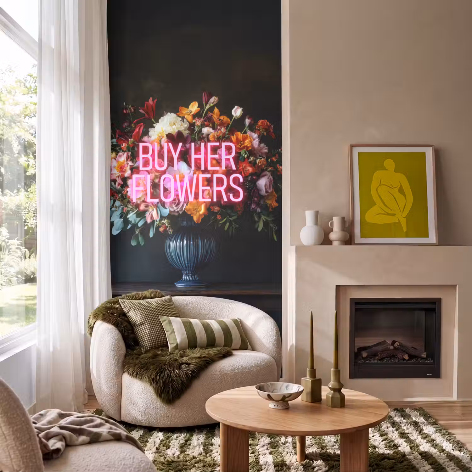 Quote - Bloemen - Vaas - Neon Behang Vlies klein -sfeer2