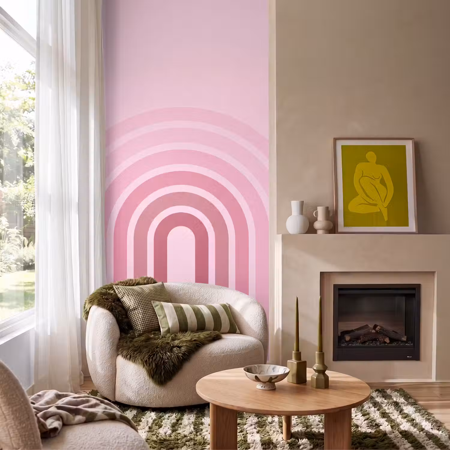 Regenboog - Roze - Abstract - Modern - Minimalistisch Behang Vlies klein -sfeer2