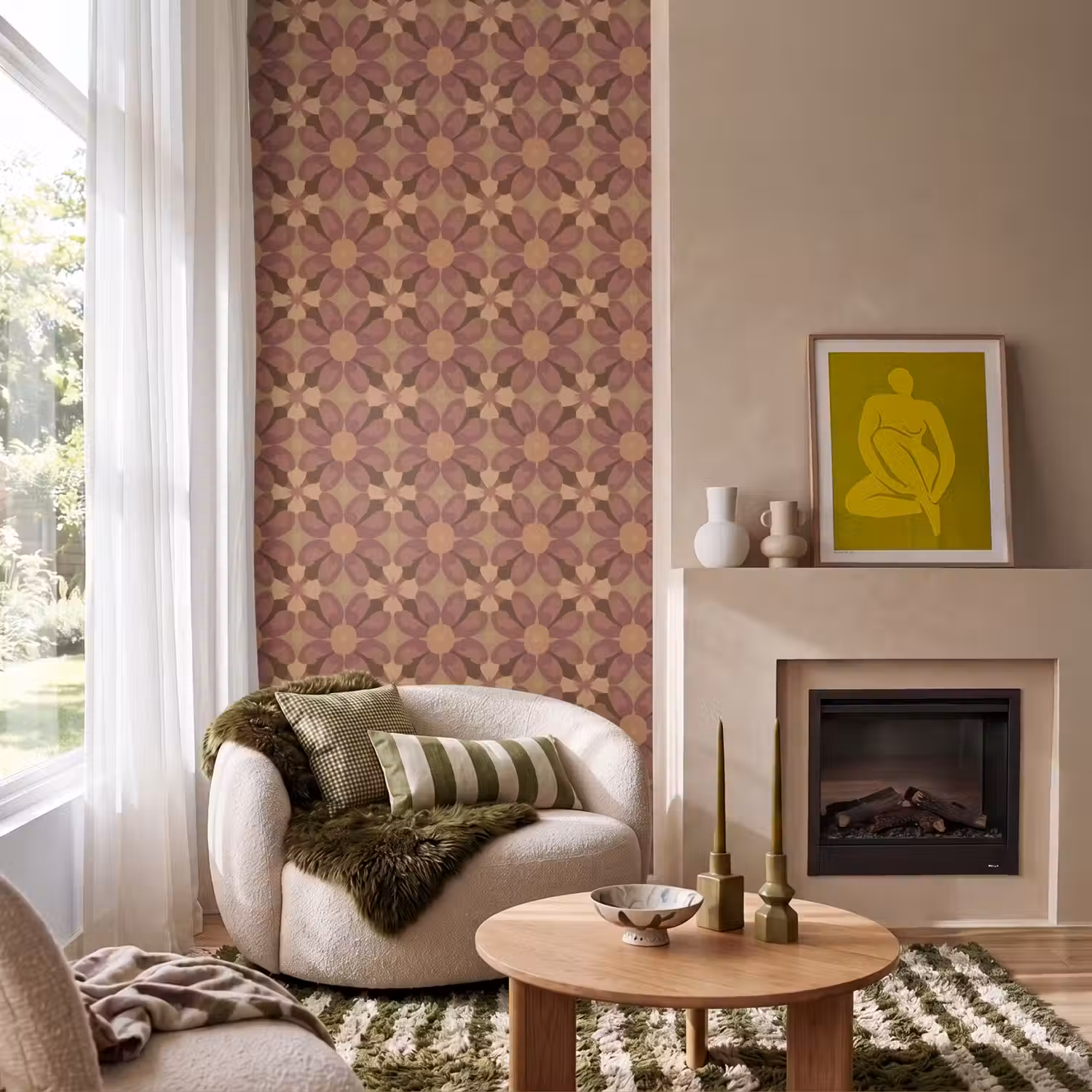 Retro - Bloemen - Bruin Behang Vlies klein 1076 -sfeer2