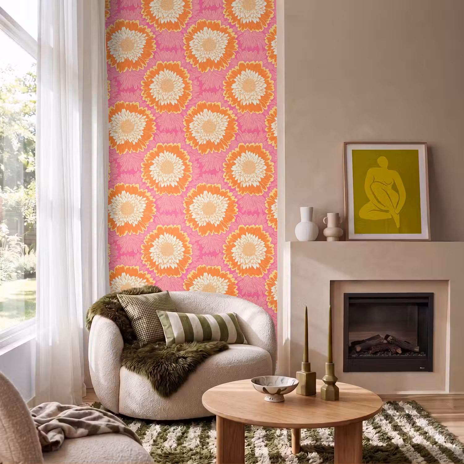 Retro - Bloemen - Kleurrijk Behang Vlies klein 1076 -sfeer2