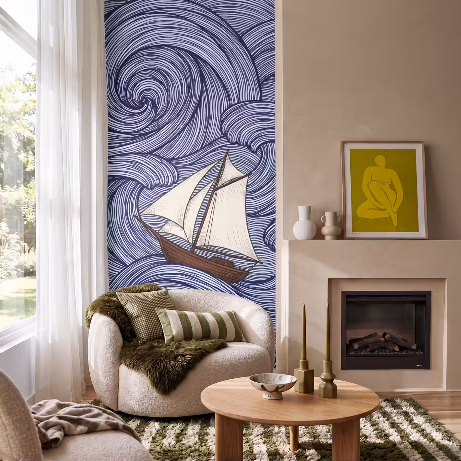 Schip - Golven - Zee - Illustratie - Blauw Behang Vlies klein -sfeer2