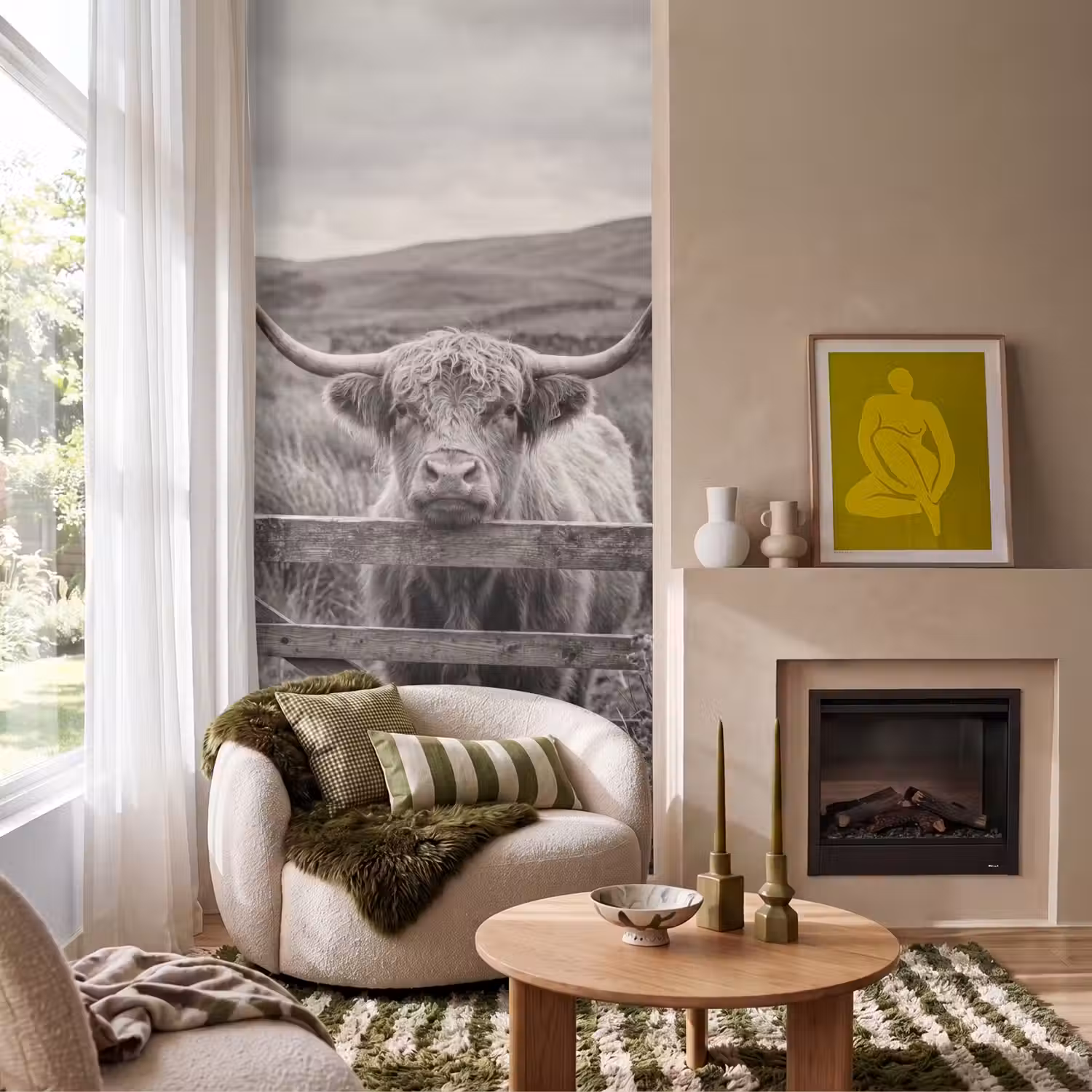 Schotse hooglander - Zwart - Wit - Hout Behang Vlies klein -sfeer2