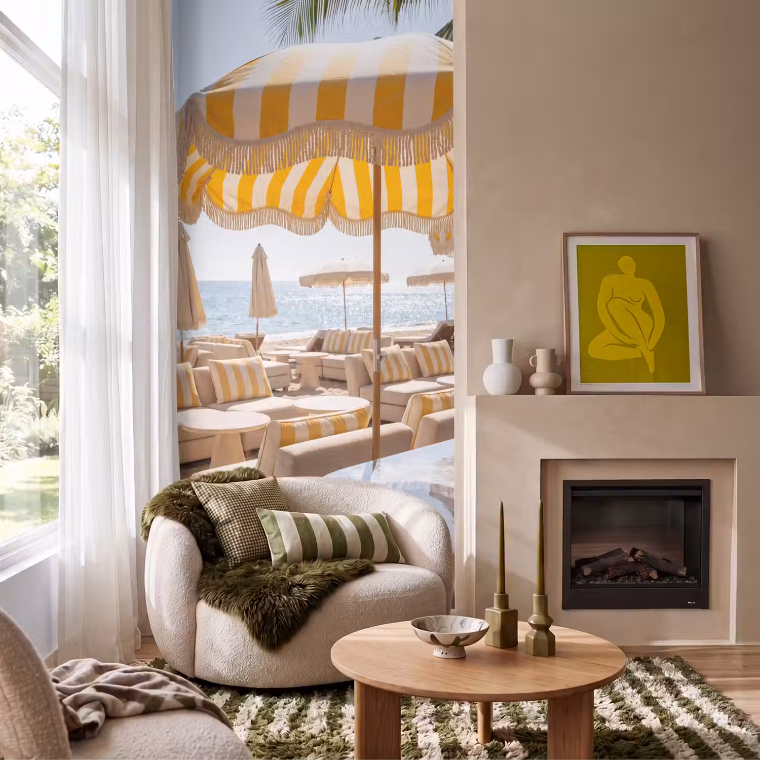 Strand - Ligbedden - Vakantie - Modern - Geel Behang Vlies klein -sfeer2