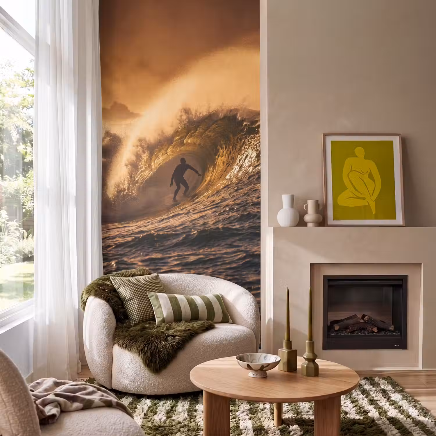Surfer - Golf - Oceaan - Sport - Oranje Behang Vlies klein -sfeer2