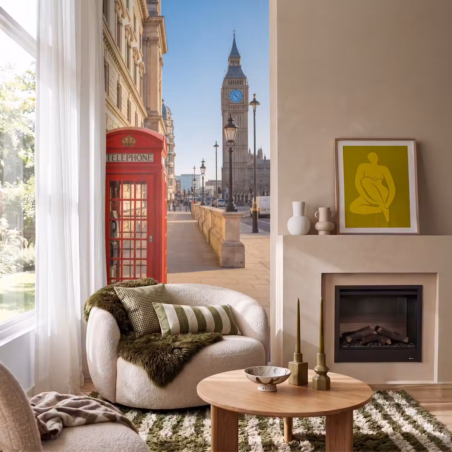 Telefooncel - Rood - Londen - Stad - Architectuur Behang Vlies klein -sfeer2