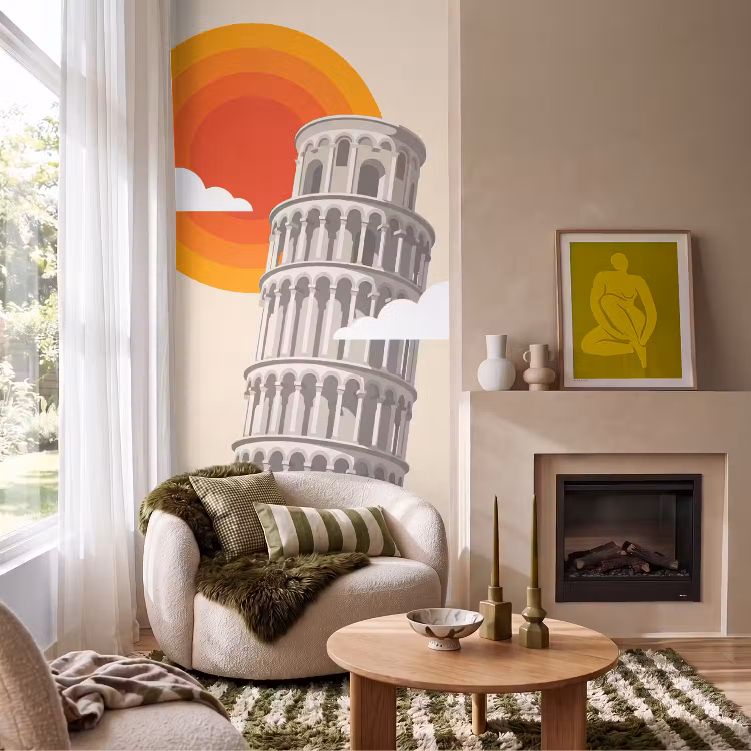 Toren - Pisa - Architectuur - Minimalistisch - Beige Behang Vlies klein -sfeer2