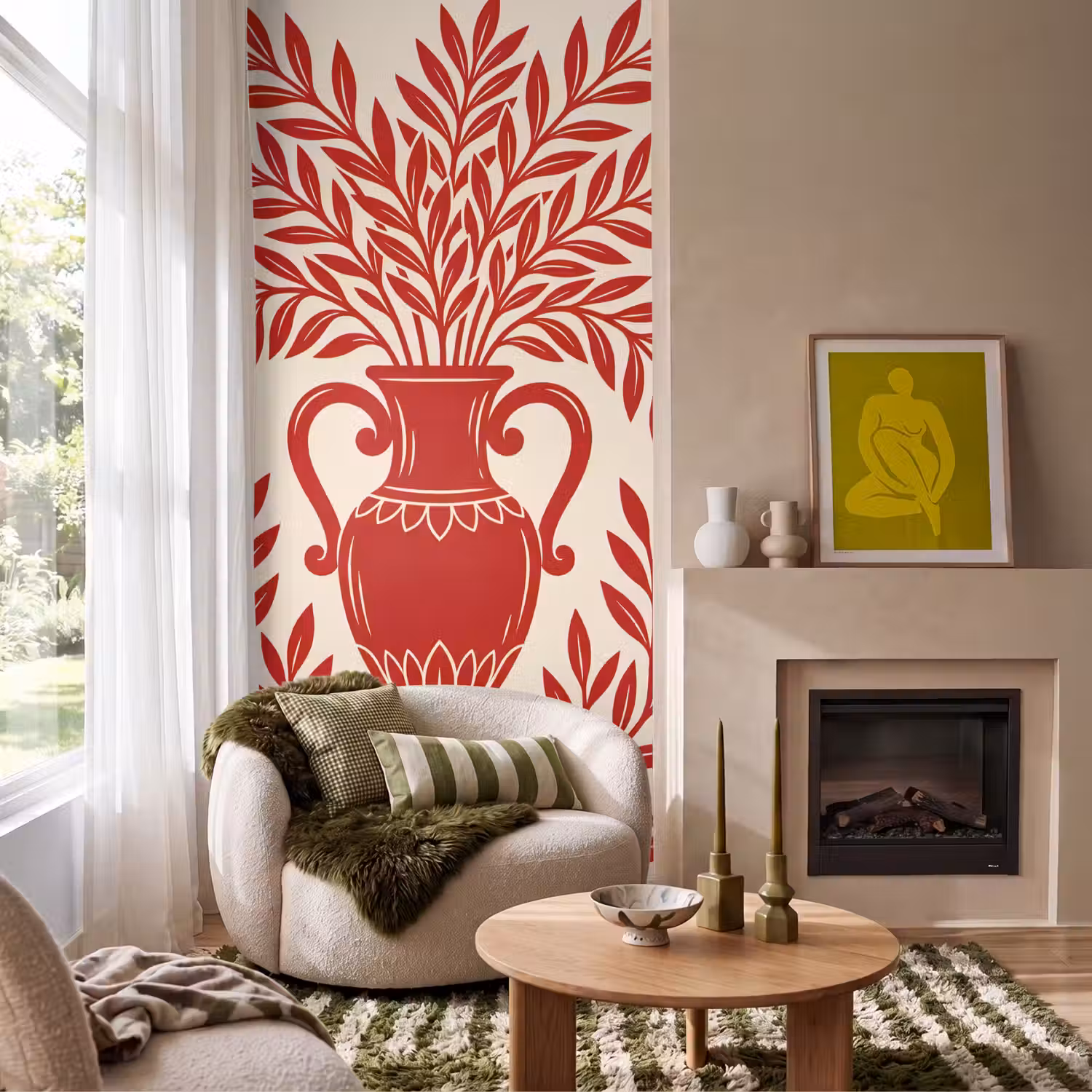 Vaas - Planten - Decoratie - Abstract - Rood Behang Vlies klein -sfeer2