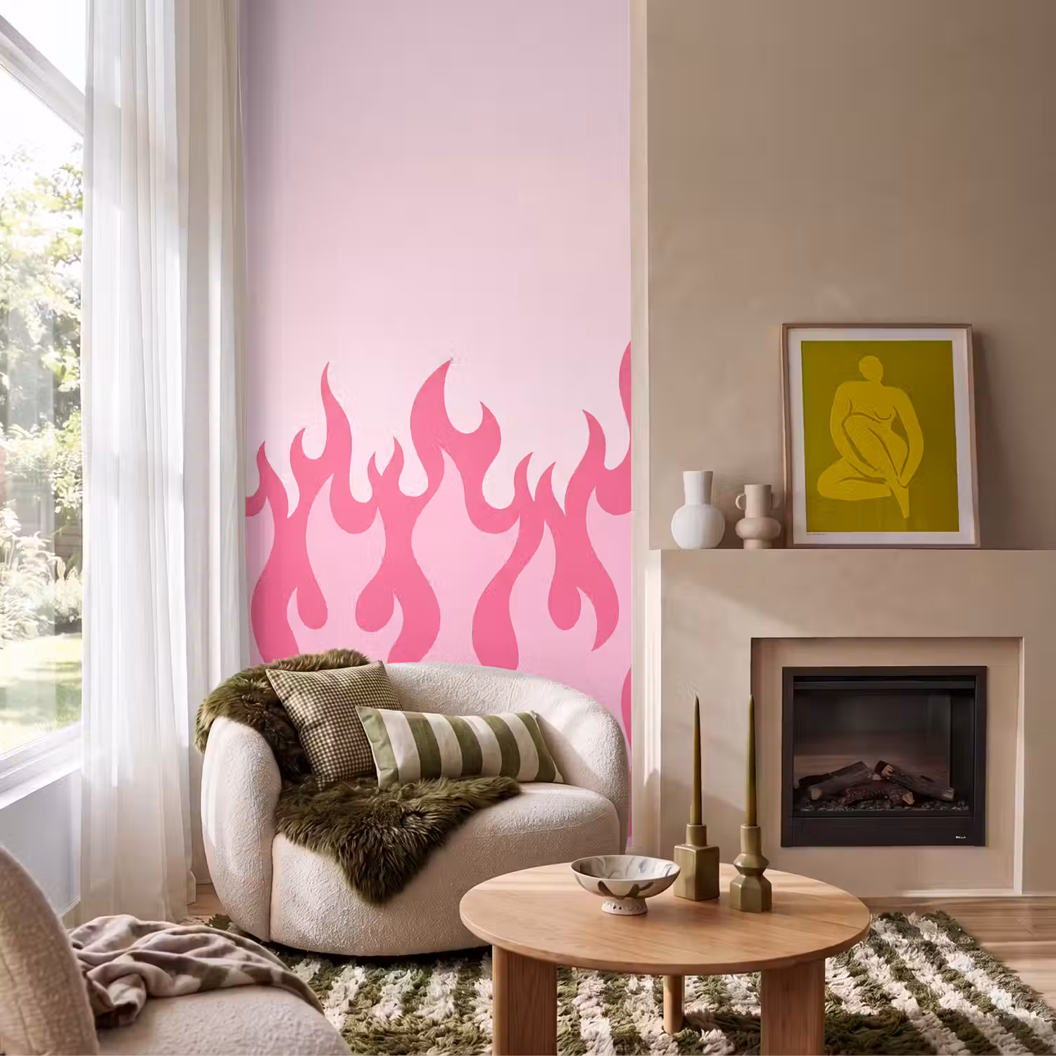 Vlammen - Patroon - Abstract - Modern - Roze Behang Vlies klein -sfeer2