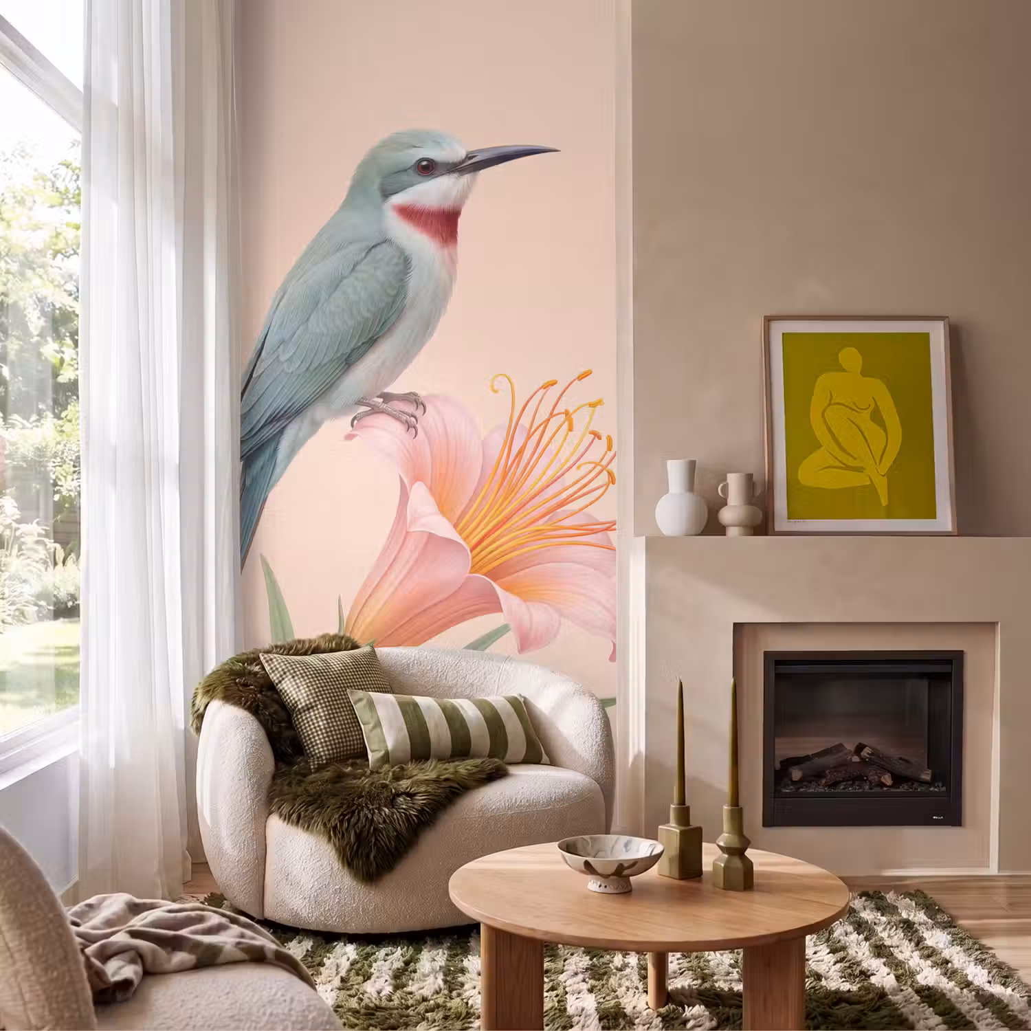 Vogel - Bloem - Natuur - Roze Behang Vlies klein -sfeer2