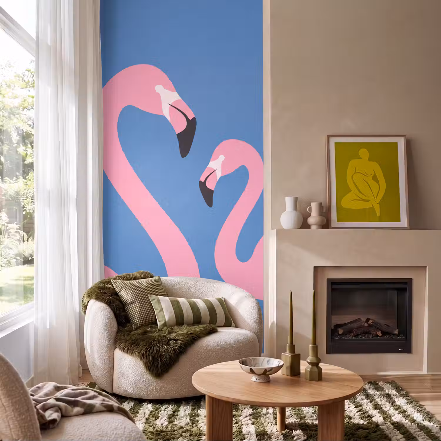 Vogel - Paar - Dieren - Modern - Roze Behang Vlies klein -sfeer2
