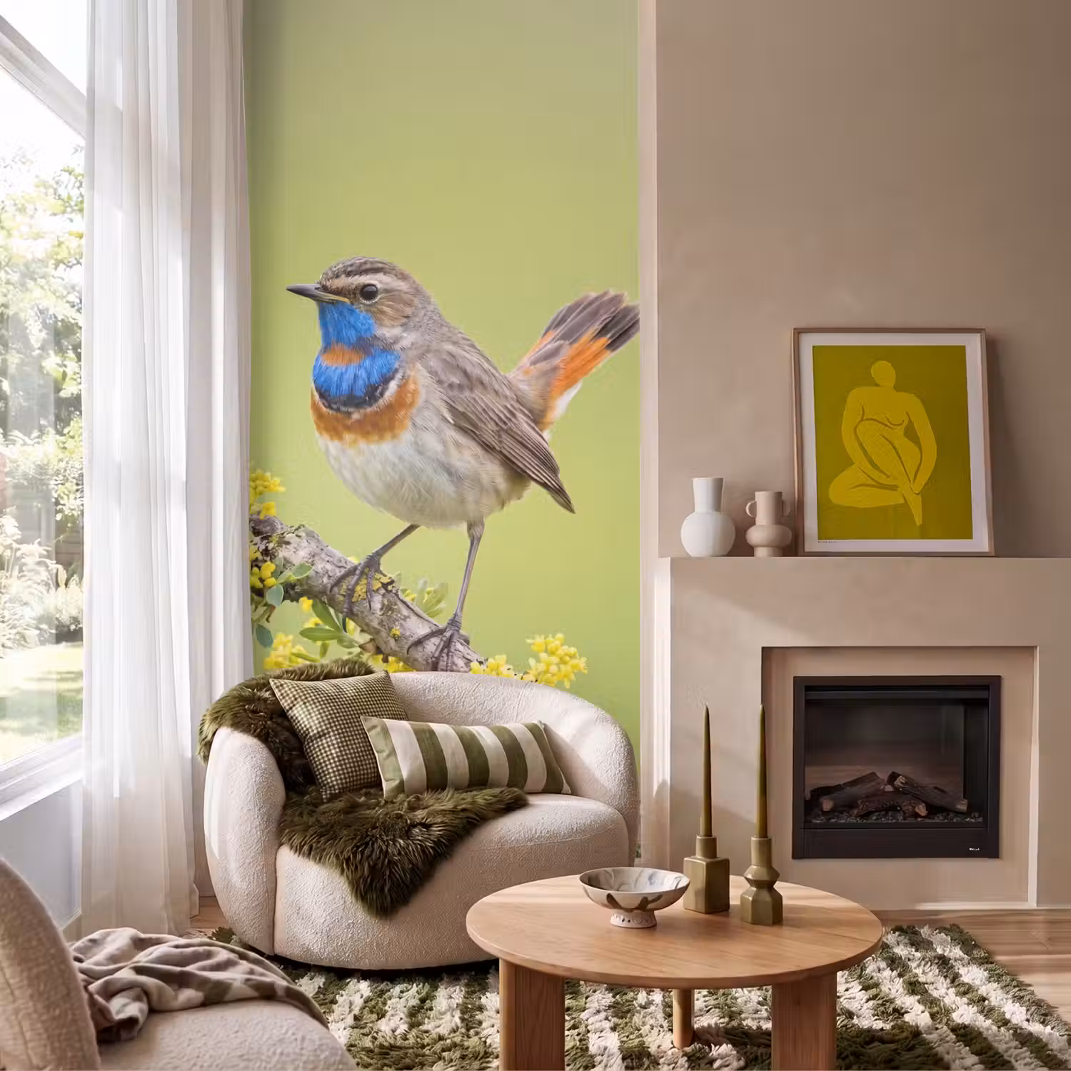Vogel - Tak - Natuur - Kleurrijk Behang Vlies klein -sfeer2
