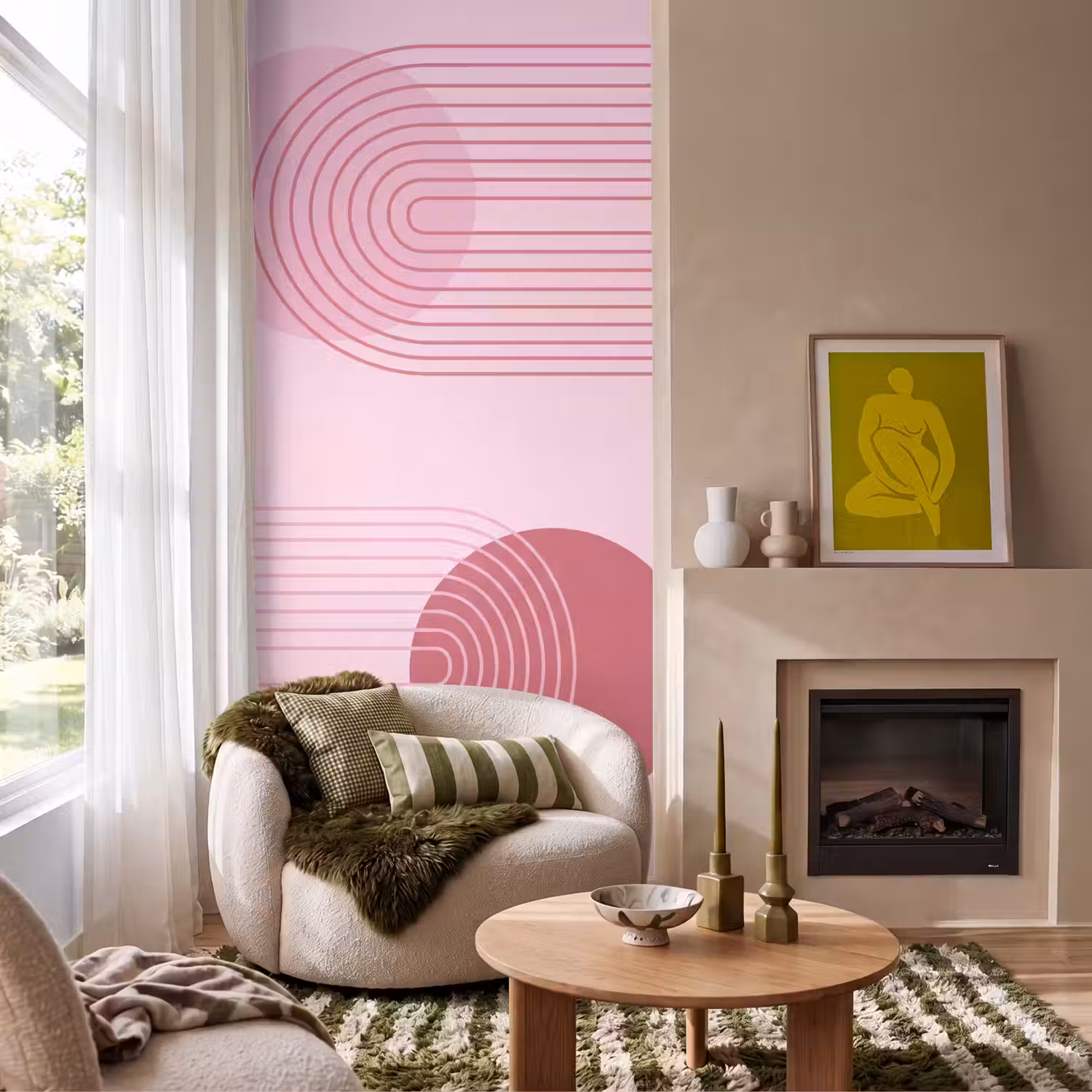 Vormen - Lijnen - Minimalistisch - Roze Behang Vlies klein -sfeer2