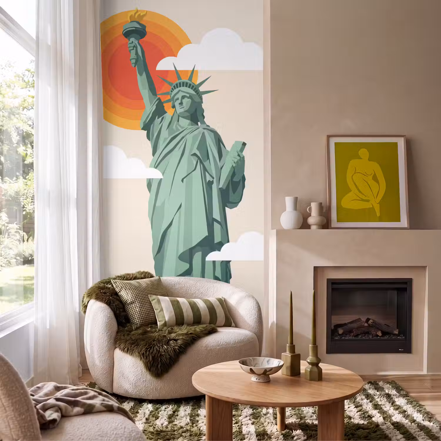 Vrijheidsbeeld - New York - Zon - Modern Behang Vlies klein -sfeer2
