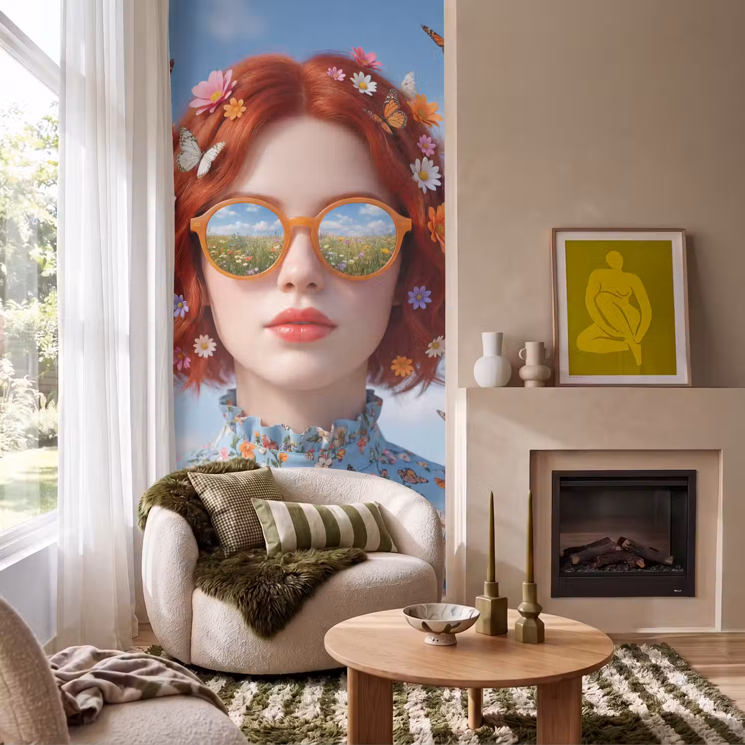 Vrouw - Bloemen - Zomer - Portret - Kleurrijk Behang Vlies klein -sfeer2