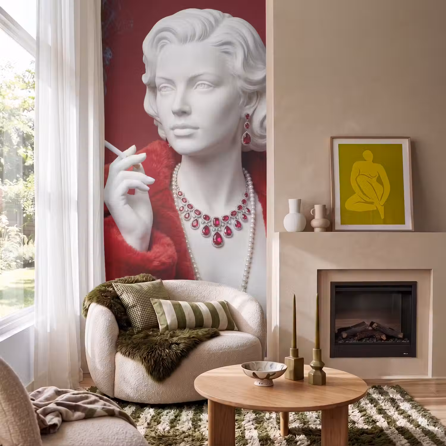 Vrouw - Bontjas - Mode - Klassiek - Rood Behang Vlies klein -sfeer2