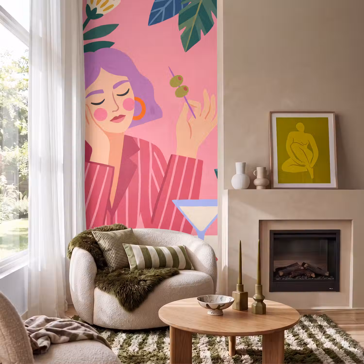 Vrouw - Cocktail - Bloemen - Modern - Roze Behang Vlies klein -sfeer2