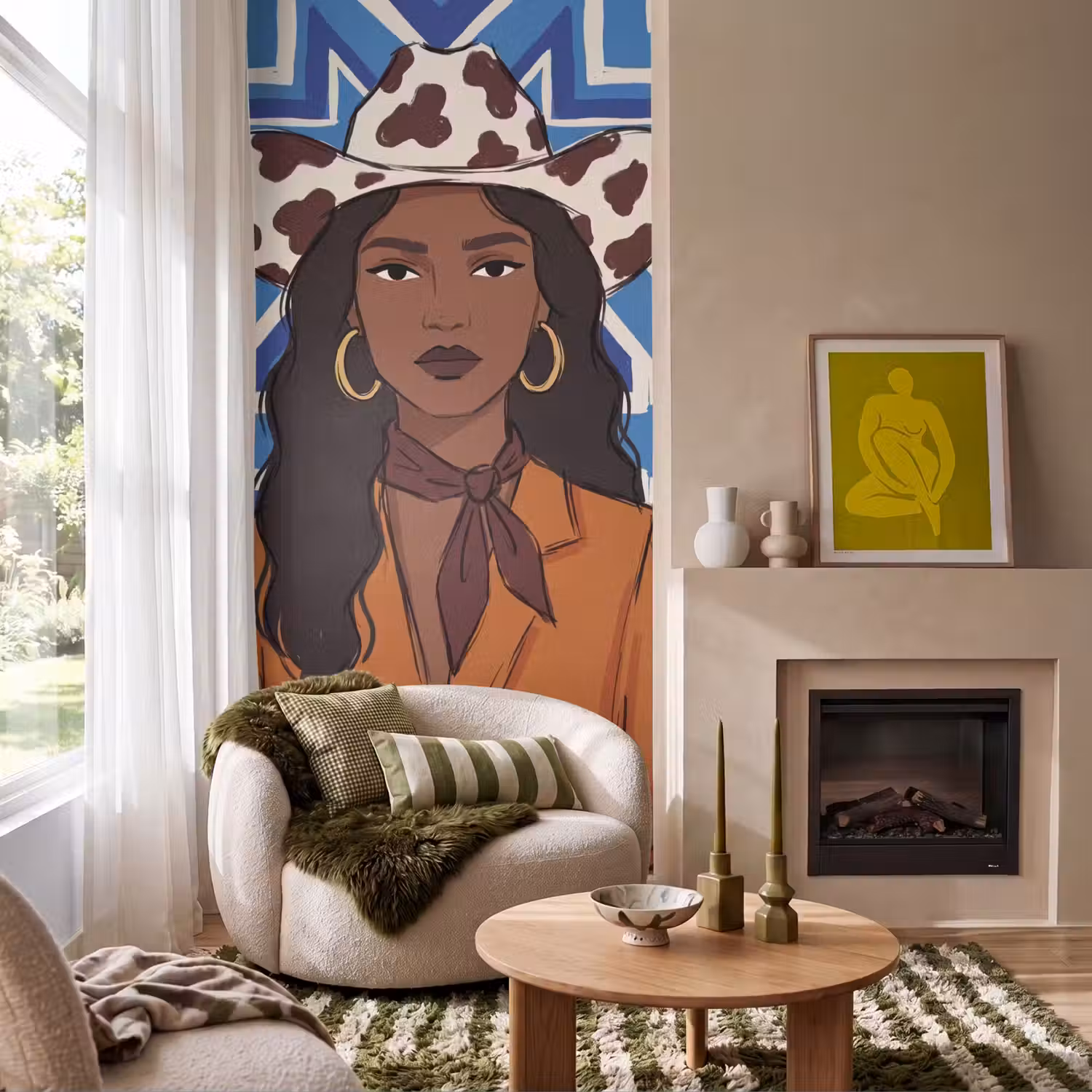 Vrouw - Cowboyhoed - Portret - Modern - Blauw Behang Vlies klein -sfeer2