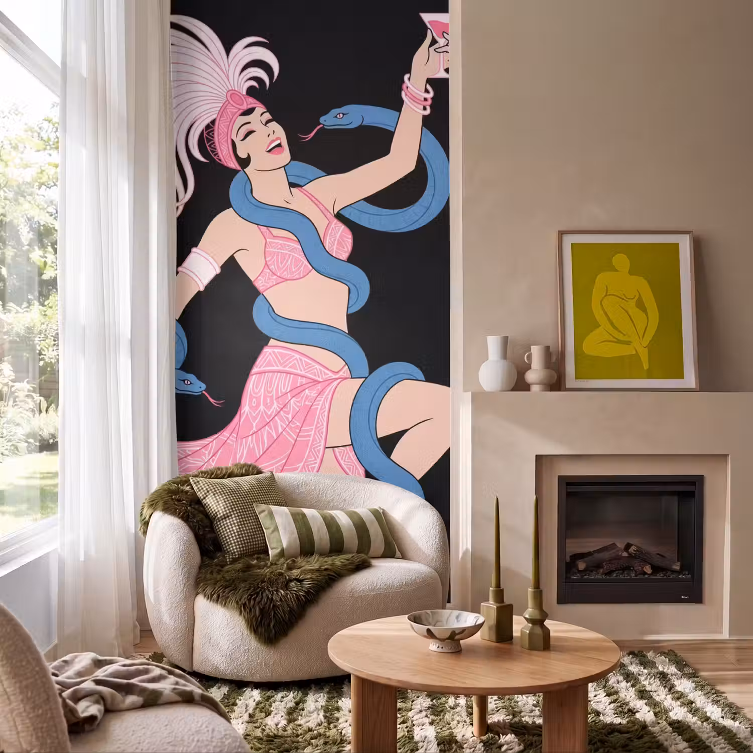 Vrouw - Danseres - Slangen - Art Deco - Roze Behang Vlies klein -sfeer2