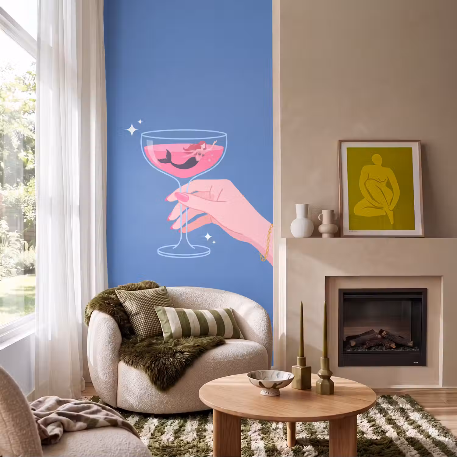 Vrouw - Glas - Abstract - Roze - Blauw Behang Vlies klein -sfeer2