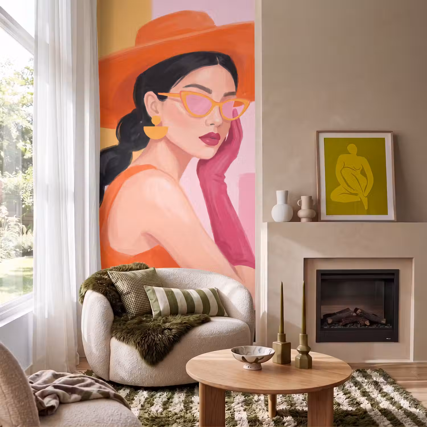 Vrouw - Hoed - Mode - Modern - Oranje Behang Vlies klein -sfeer2