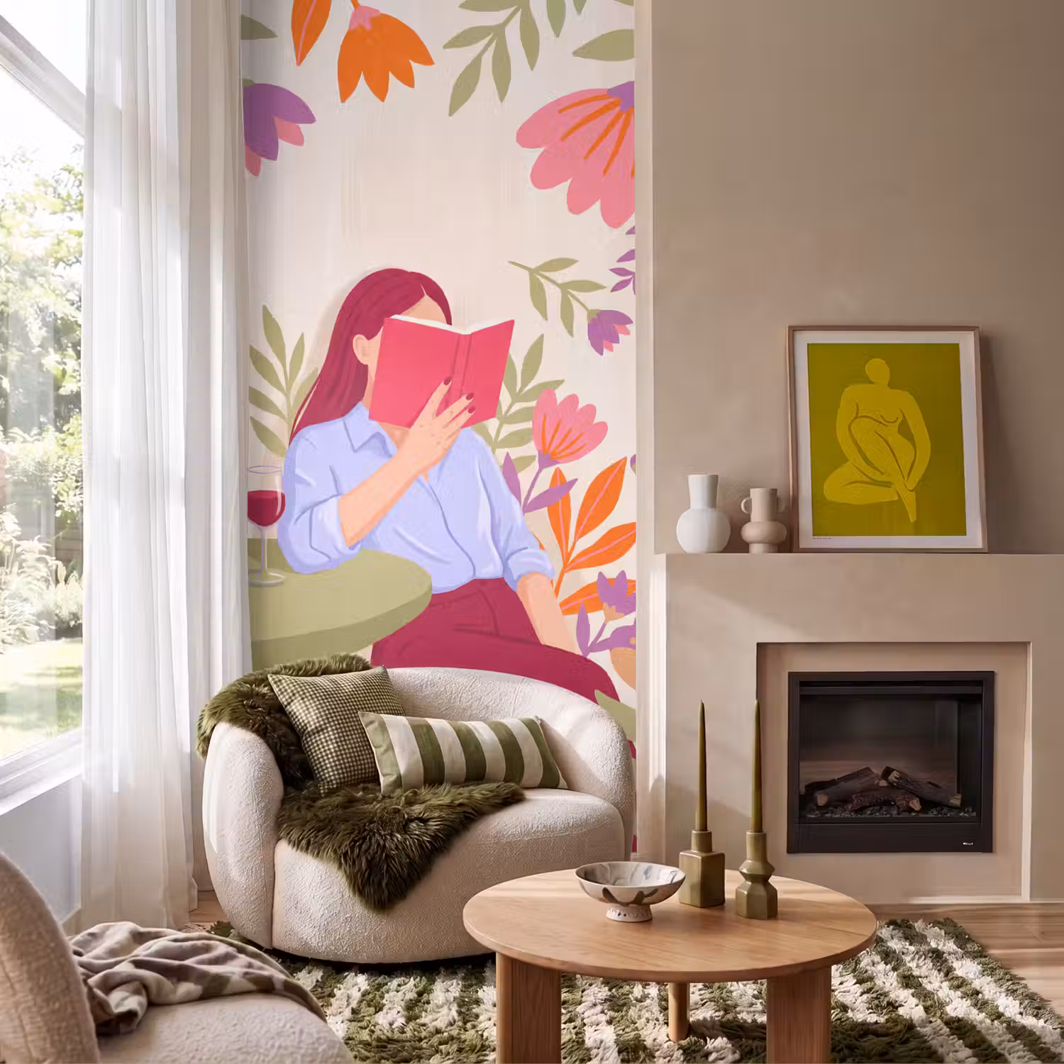 Vrouw - Lezen - Thuis - Modern - Bloemen Behang Vlies klein -sfeer2