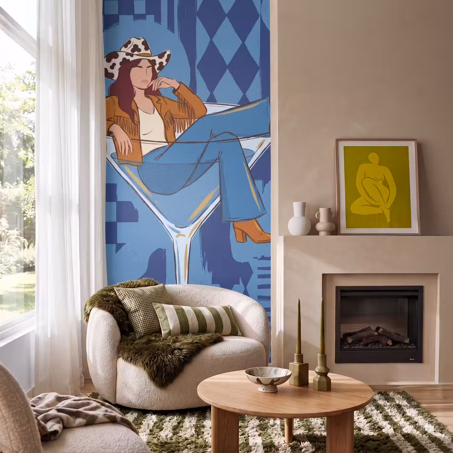 Vrouw - Martini glas - Abstract - Blauw - Kunst Behang Vlies klein -sfeer2